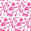 Barbiecore seamless pattern. Pink flat illustration featuring cosmetics, hairdryer, and styler. Vector illustration