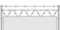 Barbwire fence. Realistic metal military border for secured territory. Metallic mesh fencing section with barbed wire