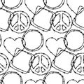 Barbwire seamless pattern with hearts and peace sign. Hand drawn vector illustration in sketch style. Background for military, Royalty Free Stock Photo