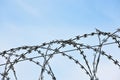 Barbwire security rolls protection over blue sky