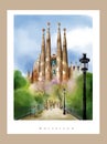 Barcelona Architecture Cathedrals watercolor vector drawing