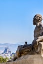 Barcelona, 27 August 2016; Statue of a male looking down at La Sagrada Familia, on the stairs above Font Montjuic