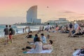 Barcelona beach with tourists at sunset Royalty Free Stock Photo