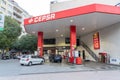 Barcelona, Catalonia, Spain - 10.28.2021: Cepsa gas station in Barcelona city with some cars on it