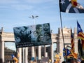 Banner claiming freedom for catalan politicians. Independentist rally at La Diada, Catalonia`s National Day