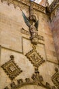 Barcelona, Catalonia, Spain, September 22, 2019. Details of the exterior buildings. Ancient bas-reliefs on the Windows and walls Royalty Free Stock Photo