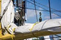 Barcelona Christopher Columbus statue viewed throug the rigging of a Sailing Ship Royalty Free Stock Photo