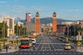 Barcelona city life, street view with venetian columns, bullfighting arena and Plaza hotel, Catalonia, Spain