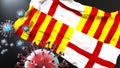 Barcelona and covid pandemic - virus attacking a city flag of Barcelona as a symbol of a fight and struggle with the virus