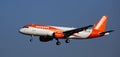 Airplane EasyJet airline lands on the runway in an aeroport El Prat city of Barcelona. Board number G-EZFZ