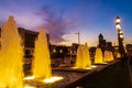 Barcelona fountains at twilight with Torres Venecianes and lanterns Spain Royalty Free Stock Photo