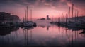 Barcelona harbor at dawn, marina with city behind, calm water, pink feather clouds, AI generative Royalty Free Stock Photo