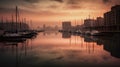 Barcelona harbor at dawn, marina with city behind, calm water, pink feather clouds, AI generative