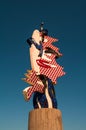 Barcelona Head Sculpture in Barcelona Harbor at summer and blue sky