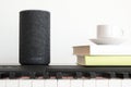 BARCELONA - JUNE 2018: Amazon Echo Smart Home Alexa Voice Service on a piano in a living room on June 20, 2018 in Barcelona. Royalty Free Stock Photo