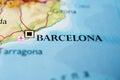 Barcelona location on close up vintage map.. Royalty Free Stock Photo