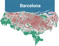 Barcelona map. Detailed map of Barcelona city administrative area. Cityscape urban panorama. Outline map with buildings, water,