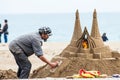 Sand sculptor working at La Barceloneta Beach in Barcelona Spain Royalty Free Stock Photo