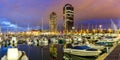 Barcelona Marina yacht harbor Port Olimpic city town at twilight panorama in Spain Royalty Free Stock Photo