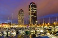 Barcelona Marina yacht harbor Port Olimpic city town at twilight in Spain Royalty Free Stock Photo