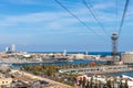 Barcelona, Oct 2021: Views of Barcelona`s port and cable car, Maremagnum, cruise terminal, cable car tower and Mapfre towers by