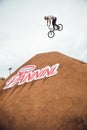 BARCELONA - October 9, 2020: La Poma Happy Ride Weekend 2020, MTB freestyle event, Dirtjump, Slopstyle at Premia de Dalt on Royalty Free Stock Photo