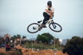 BARCELONA - October 9, 2020: La Poma Happy Ride Weekend 2020, MTB freestyle event, Dirtjump, Slopstyle at Premia de Dalt on Royalty Free Stock Photo