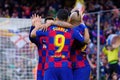 Barcelona players celebrate a goal at the La Liga match between FC Barcelona and Deportivo Alaves