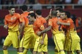 Barcelona players celebrating a goal