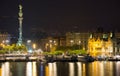 Barcelona Port with Columbus statue in night Royalty Free Stock Photo