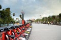 Barcelona rental bikes, red bikes for rental, bibicing bicycle sharing system Royalty Free Stock Photo