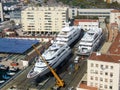 Close up on mega yachts built in shipyard in the city of Barcelona in Spain. Royalty Free Stock Photo