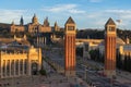 Barcelona skyline, aerial view of Spain square with venetian columns and Art gallery at sunset