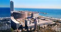 BARCELONA, SPAIN - APRIL 2019: Aerial view of Torre de les Aigues, Hospital del Mar, Olimpic port and Barcelona biomedical Royalty Free Stock Photo