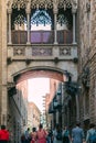 Barcelona, Spain - April 3, 2021. Bridge on Carrer del Bisbe in the Gothic quarter of Barcelona, Spain Royalty Free Stock Photo