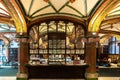 Cafe with big decorated glass window in Palau de la Musica Opera in Barcelona, Spain