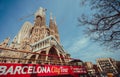 BARCELONA, SPAIN - April 25, 2018: Barcelona city tour touristic bus in front of famous Sagrada Familia Basilica yet not Royalty Free Stock Photo