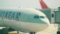 BARCELONA, SPAIN - APRIL, 15, 2017. Close-up shot of Qatar Airways Airbus airliner boarding at the airport