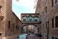 Exterior of an old building in the city of Barcelona. Street view with mode of transportation