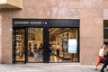 Barcelona, Spain-April 29, 2023. Golden Goose is an Italian high fashion trainer brand based in Venice, Italy. Logo on the front