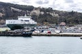 Grimaldi hybrid cargo ship moored at the loading dock in Barcelona, Catalonia, Spain