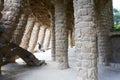 Barcelona, Spain. April 19, 2017: Internal part made of arches with stone columns of a Guell Park footbridge, made by Royalty Free Stock Photo