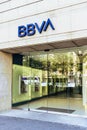 Barcelona, Spain - April 3, 2021. Logo and facade of BBVA, a Spanish bank based in Bilbao, Vizcaya, Basque Country Royalty Free Stock Photo