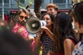 BARCELONA, SPAIN - AUGUST 23, 2019: Activists hold signs during a protest outside the Embassy of Brazil over fires in the Amazon