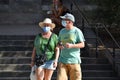 Barcelona, Spain, August 24, 2020: Caucasian elder tourists wearing protective covid-19 face mask. Touristy spots in the covid era