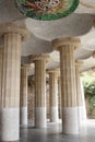 The colonnade Hipostila Room, Hall of Columns with 86 inclined columns. Parc Guell, Barcelona, Spain. Royalty Free Stock Photo