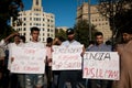 Barcelona, Spain - 10 august 2019: Kashmiris and pakistani nationals with banners and flags protest and demonstrate against indian