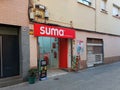 Barcelona, Spain - August 1, 2021. Logo and facade of Grupo Miquel has a network of supermarkets in more than a dozen autonomous