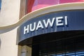 Barcelona, Spain - August 1, 2021. Logo and facade of Huawei, Chinese multinational technology company