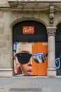 Barcelona, Spain - August 18, 2022. Logo and facade of Ray-Ban, an American-Italian brand of sunglasses and luxury eyewear founded